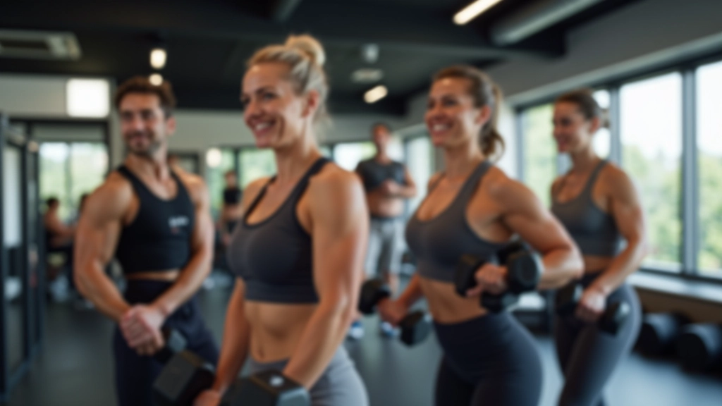 Orta yaşlı bir grup insanın spor salonunda birlikte egzersiz yaptığı sahne, ağırlıklar ve fonksiyonel aletler