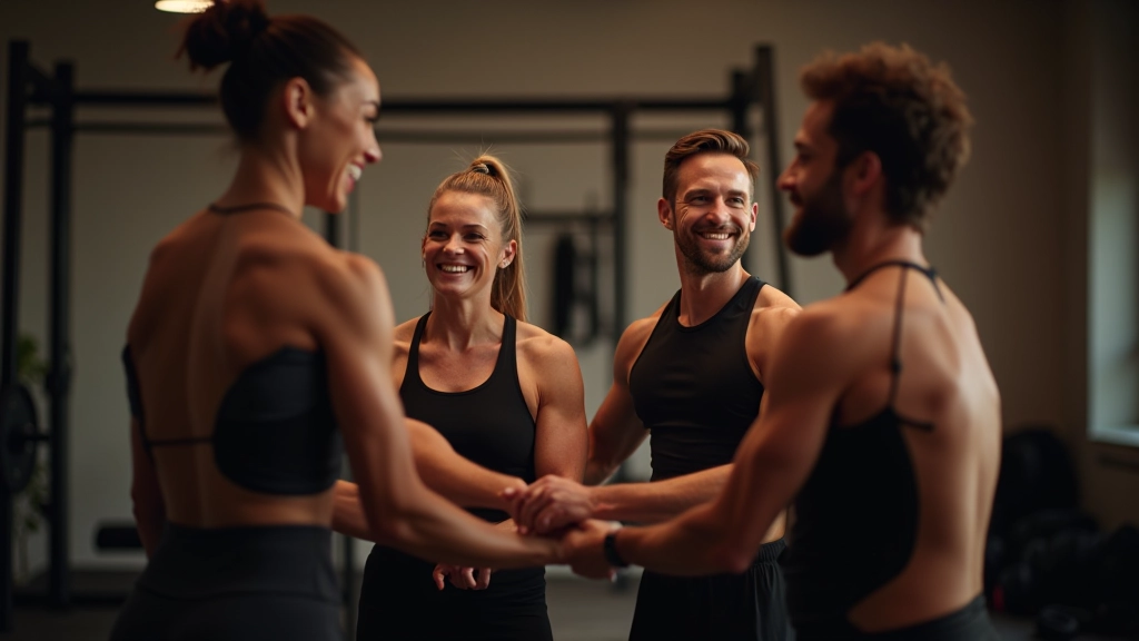 Dört kişinin grup antrenmanı seansının sonunda birbirlerine tebrik verirken görünüşü, mutlu ve başarılı görünümü