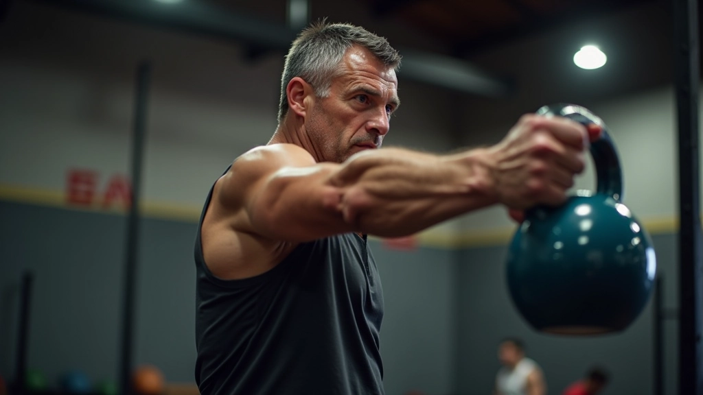 Erkek spor salonunda kettlebell swing antrenmanı yaparken, dinamik hareket gösterişi
