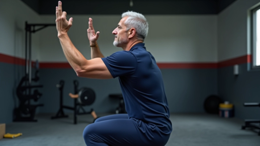Yan görünüş: orta yaşlı bir erkek squat hareketi sırasında, ayaklar omuz genişliğinde, diz açısı 90 derece, bel nötr